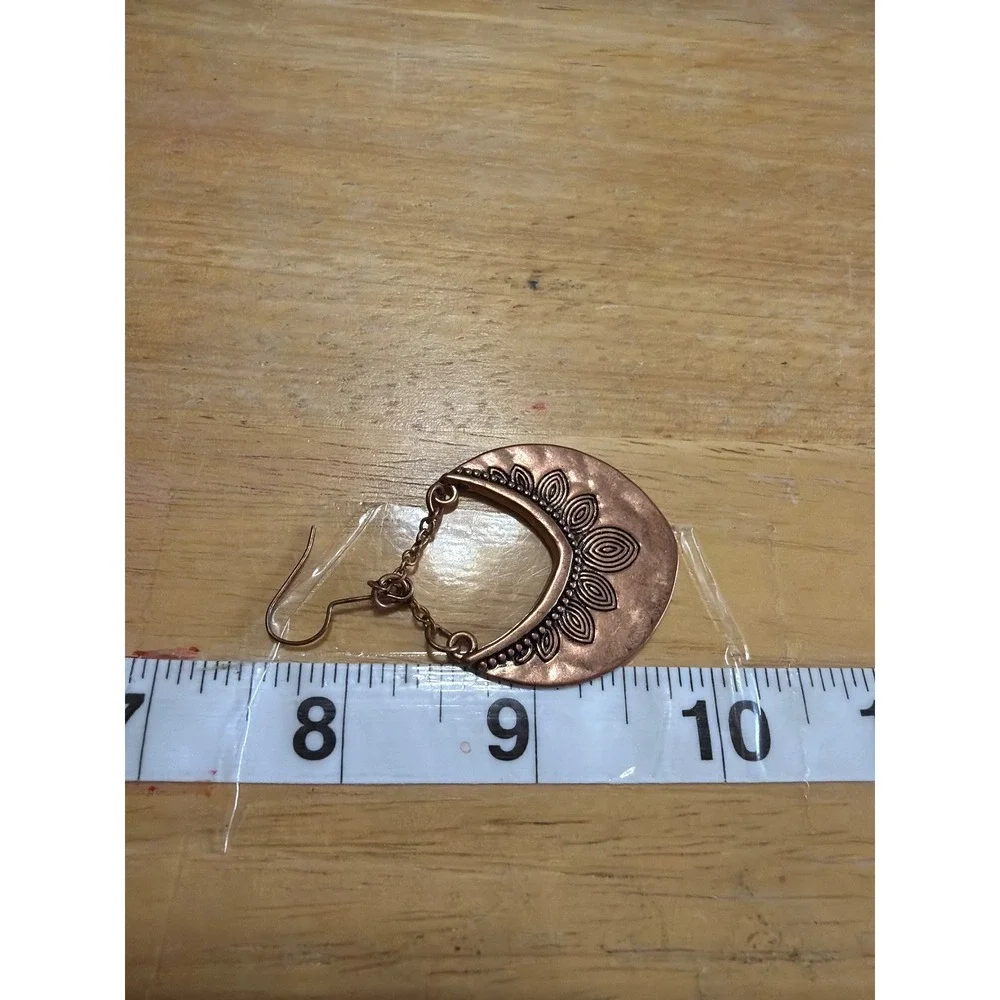 Boho Copper Hammered Crescent Drop Earrings Embossed Floral‎ Dangle Western
